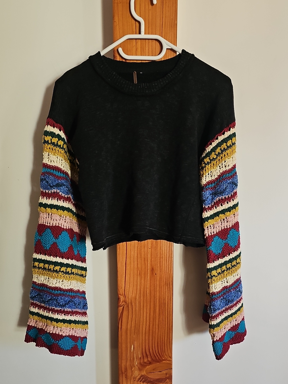 Free People Black Cropped Sweater with Multicolor Crochet Bell Sleeves